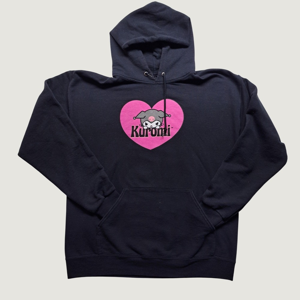 Sanrio Bioworld Kuromi Graphic Hoodie Womens Large Black Pink Heart Pullover